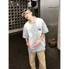 美式复古潮牌水洗设计感短袖衬衫男女粉色学院风磨白衬衣，男装衬衫，星座410-7