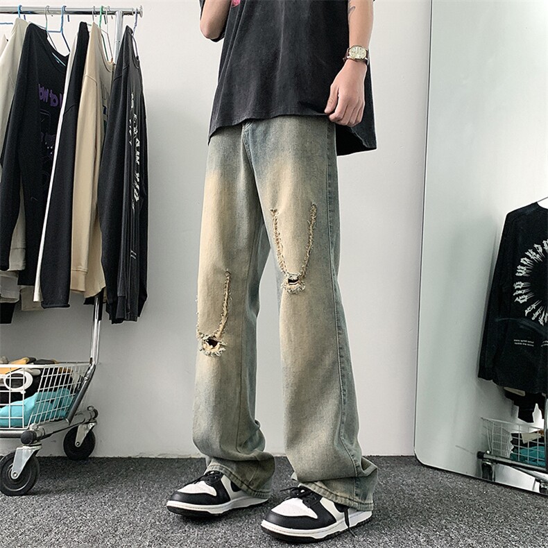 美式高街破洞微喇牛仔裤港风水洗牛仔裤喇叭裤XZ302B-1-K636P50,男装牛仔裤,星座302B-1