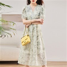 2025春夏新款V领印花连衣裙女气质优雅中长款减龄显瘦淑女A字裙子,女装连衣裙,魅丽静蓝