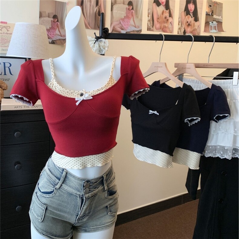 法式复古波点吊带背心女带胸垫+辣妹蝴蝶结修身短袖T恤上衣两件套，女装背心吊带，梦白服饰厂