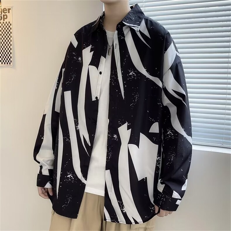暗黑系个性黑白撞色印花衬衫男士宽松薄款长袖衬衣C1046-P28,男装衬衫,星座910-1