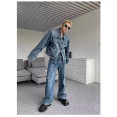 男装春秋复古水洗牛仔夹克设计感翻领时尚炸街外套潮JKA97-P70，男装夹克，星座208-5