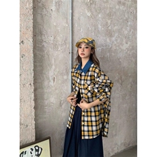 W9572-P45网图现货美式复古格纹宽松休闲长袖衬衫撞色衬衣外套，男装衬衫，星座1608-2