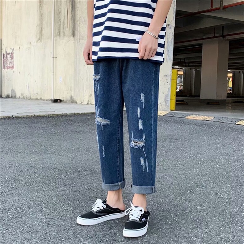春夏坠感阔腿破洞牛仔裤男潮流直筒宽松裤子痞帅韩版百搭CN60-P35，男装牛仔裤，星座1008-1