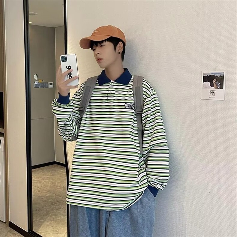 polo衫男条纹韩版潮流2023秋冬季新款ins宽松百搭帅衬衫W3281-P33,男装Polo衫,星座412-2