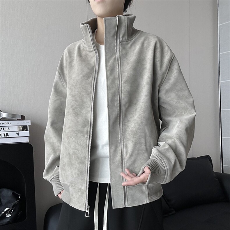 潮牌复古扎染PU皮夹克男外套痞帅立领工装棒球服25XJ55259特批60图片