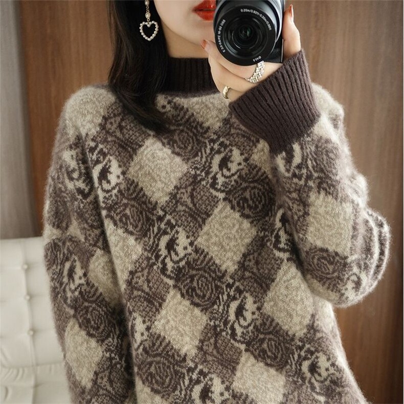 2025年秋季新款电脑交织菱形半高针织羊毛衫时尚休闲通勤百搭，女装羊毛衫，洁纯羊绒