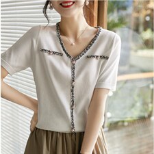 小香风冰丝上衣珍珠扣点缀清爽针织衫，女装针织衫/毛衣，美吧服饰