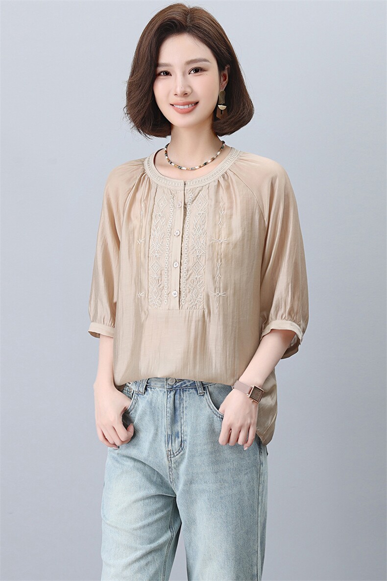 2026夏季新款圆领天丝棉重工刺绣清凉透气小衫女上衣衬衫,女装衬衫,板酷