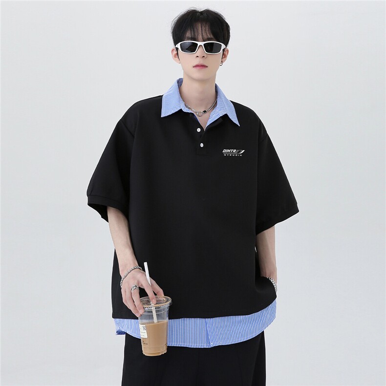 夏季潮牌高级休闲百搭撞色拼接假两件五分袖短袖POLO衫T253-P48,男装Polo衫,电商C307