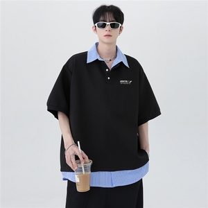 夏季潮牌高级休闲百搭撞色拼接假两件五分袖短袖POLO衫T253-P48图片