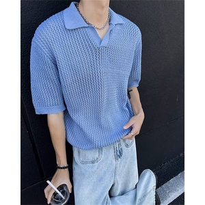 美式慵懒风翻领休闲蓝色针织衫 E1101 P40图片