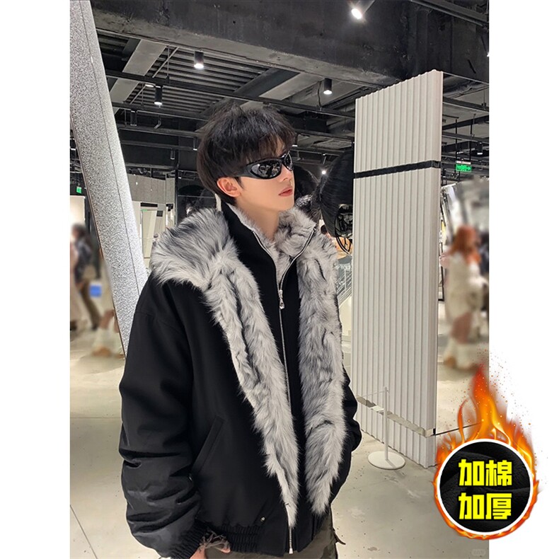 现货高品质美式高街重磅狼王座山雕毛毛领假两件棉衣加厚棉服外套，男装棉衣，电商A486-1