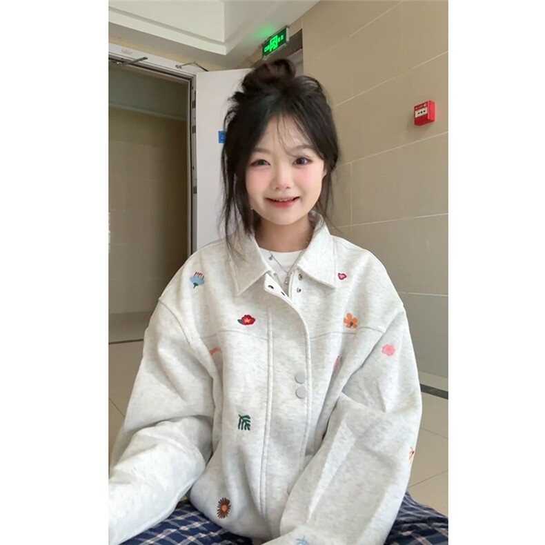 潮牌花卉刺绣外套新品翻领情侣复古百搭卫衣工装夹克JK6819图片