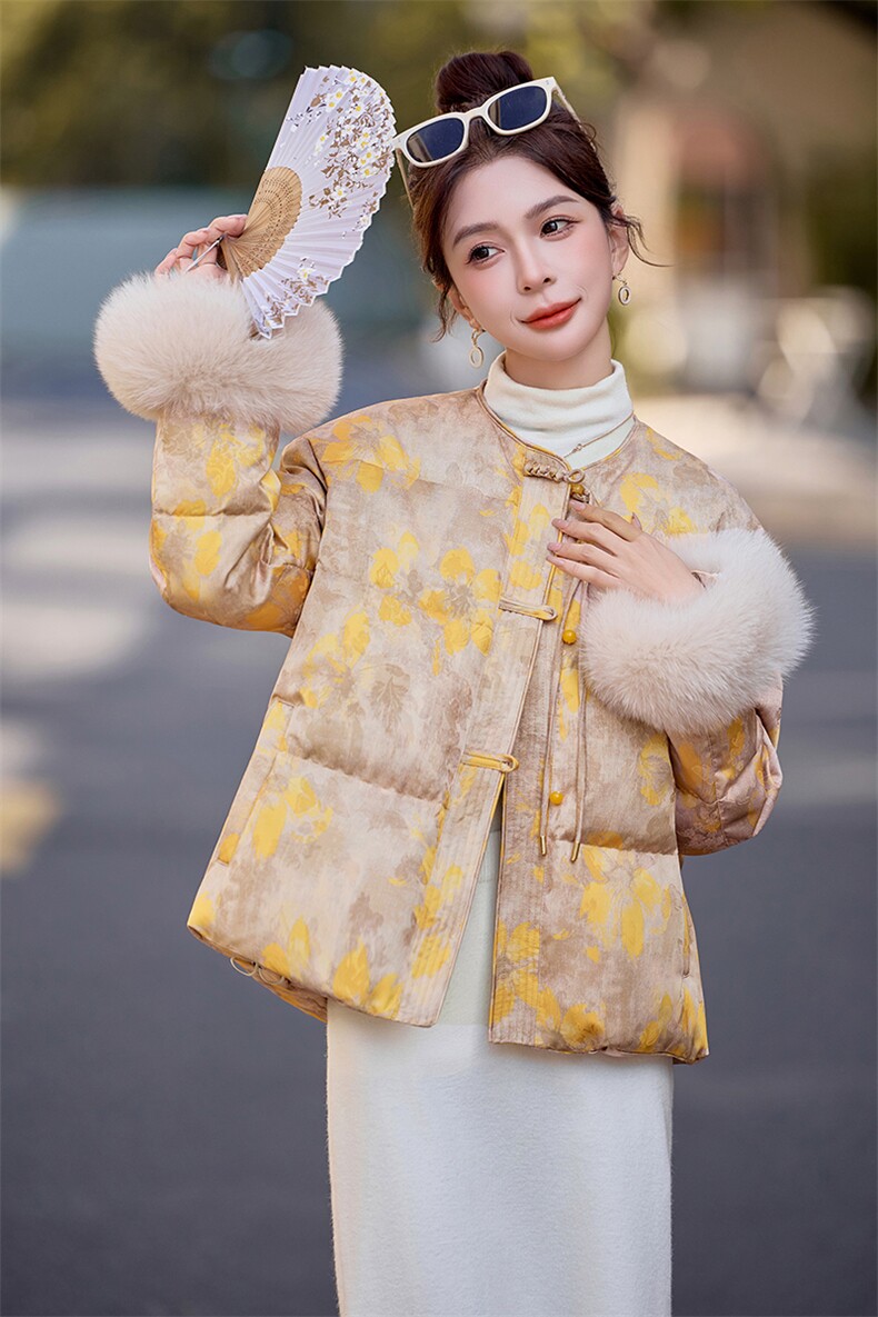 90绒。2025年冬季新中式狐狸真毛袖口拼接羽绒服外套女,女装羽绒服,E百度