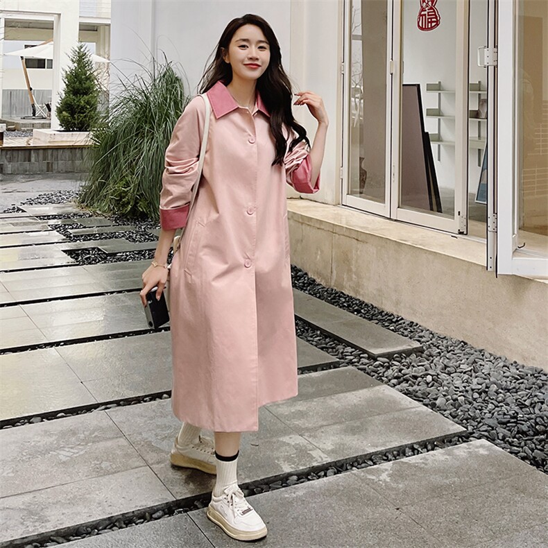 韩系甜美风风衣外套女2025年秋季新款撞色设计感宽松休闲中长款潮,女装风衣,2C301