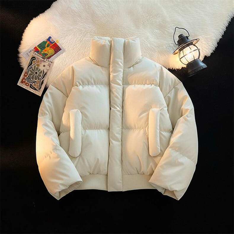 现货5W件冬季三防重磅硬挺boxy短款羽绒立领PU皮棉衣外套加厚棉服图片