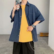 牛仔短袖衬衫男夏季薄款潮流五分袖衬衣ins百搭宽松外套CS124-P40，男装衬衫，星座1008
