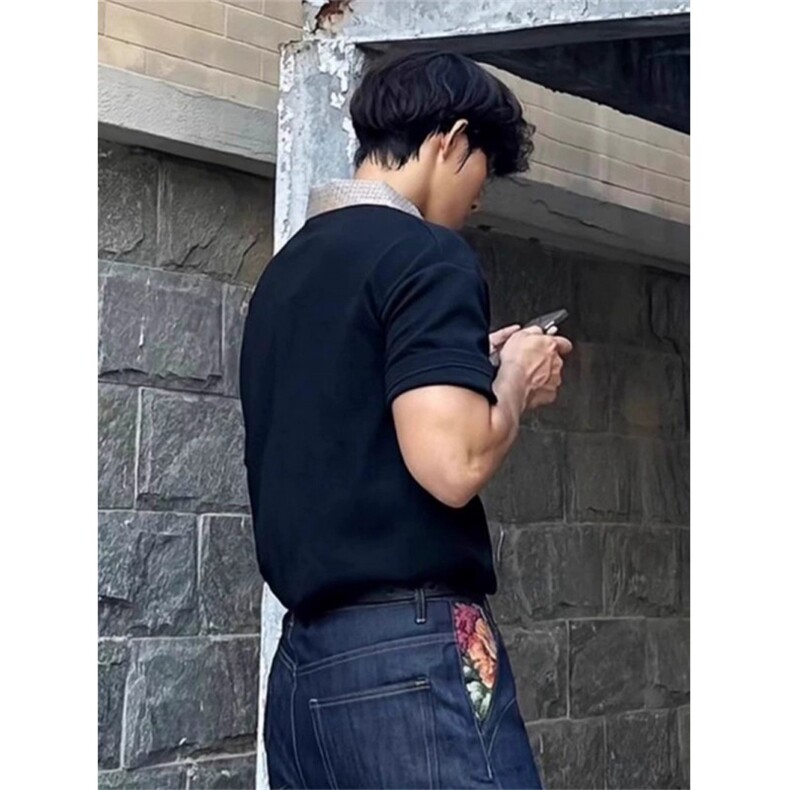 FF3409-P352025夏季高街老钱风宽松千鸟格拼接翻领polo衫,男装Polo衫,电商B323A
