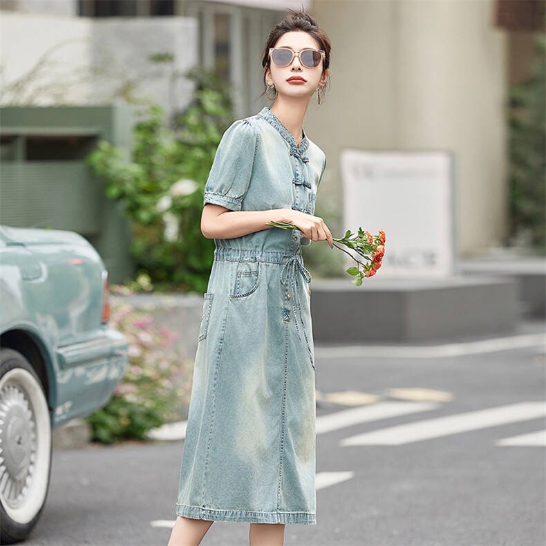 新中式国风牛仔连衣裙女2024夏季款时尚洋气薄款收腰显瘦短袖裙子,女装连衣裙,依路服饰