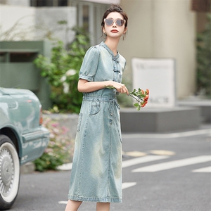 新中式国风牛仔连衣裙女2024夏季款时尚洋气薄款收腰显瘦短袖裙子图片