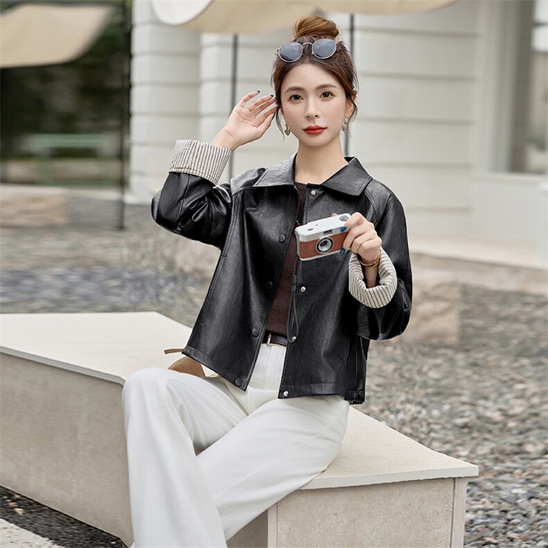 2025秋季女装新款大量现货时尚韩版立领袖口翻边撞色短款皮衣外套,女装皮衣,江南女神