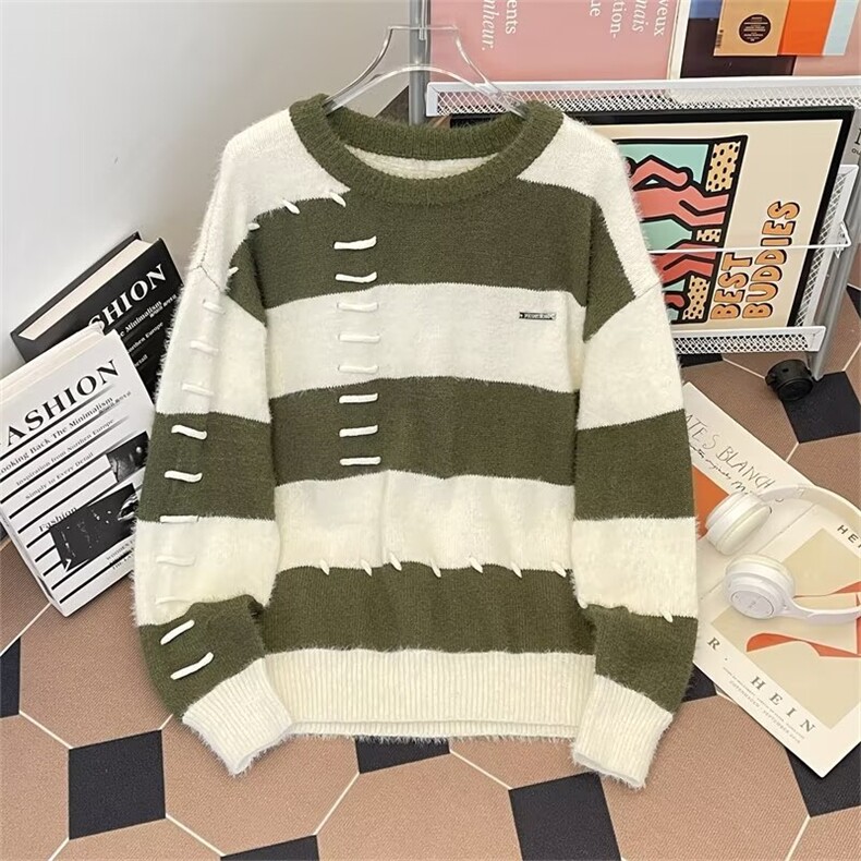 男设计感潮流撞色条纹套头毛衣圆领冬季宽松型常规长袖MY576P56,男装针织衫/毛衣,星座1013-5