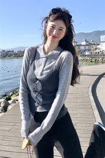 2025春秋季新款纯欲镂空蝴蝶结显瘦长袖针织衫撞色拼接假两件上衣，女装针织衫/毛衣，1D091-1