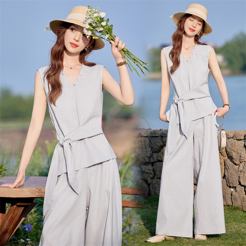 配灰裤子2025年夏季新款时尚气质系带显瘦款两件套装女，女装套装/套裙，沁沁公主