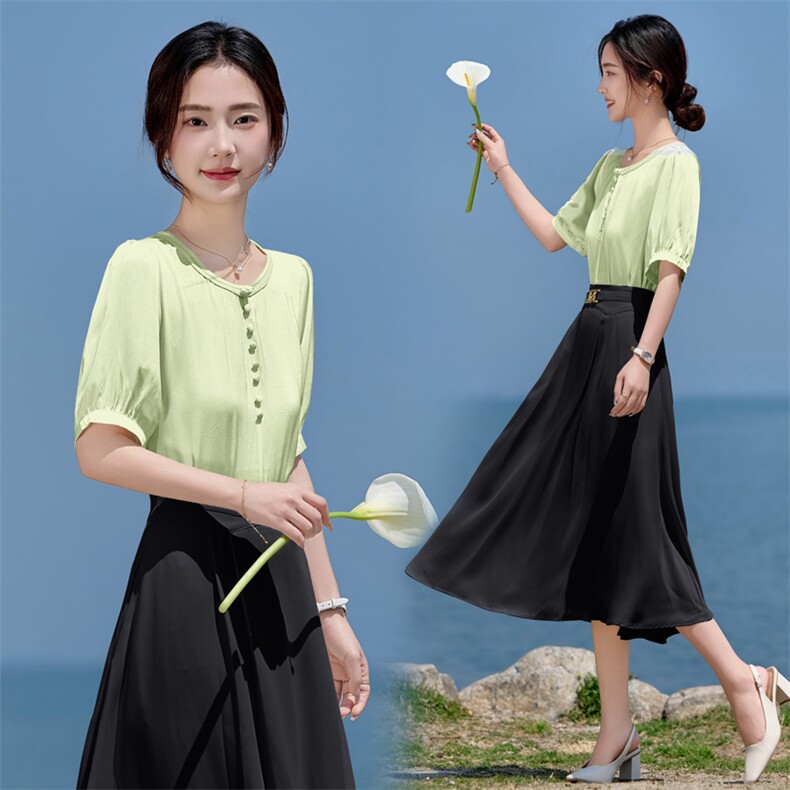 现货2025年夏季设计感圆领气质简约百搭显瘦遮肉衬衫，女装衬衫，火爆靓佳人