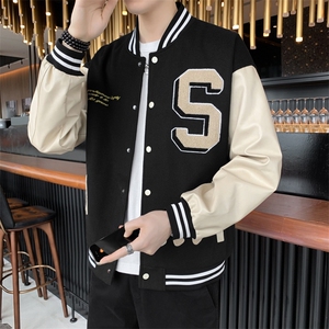 美式棒球服男秋刺绣毛呢皮袖夹克青少年港风ins潮外套JK01-P100图片