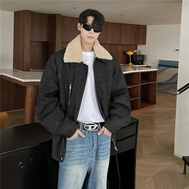 复古做旧可脱卸羊羔毛领大码M-5XL面层PU皮棉衣男77933P138，男装棉衣，星座227-7