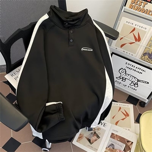美式复古拼接半高领卫衣男春秋潮牌宽松套头上衣立领外套Q72/P46图片