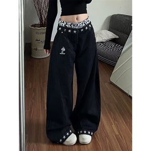 美式复古设计感弯刀牛仔裤男女痞帅百搭直筒宽松长裤L84077-P53图片