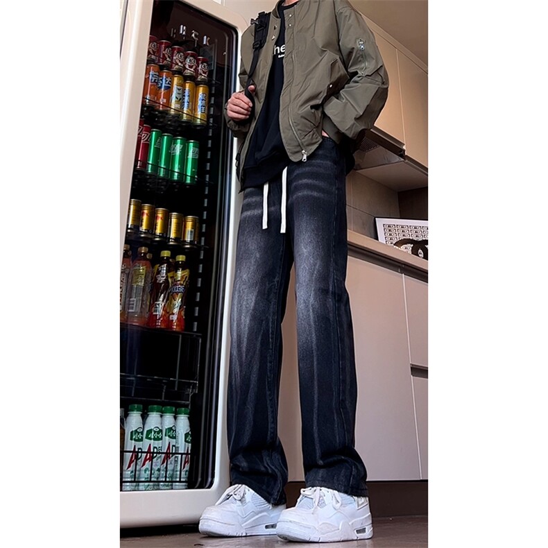 B221美式ins高街暗黑松紧腰宽松直筒牛仔裤LK24213-特P45控78，男装牛仔裤，电商B221