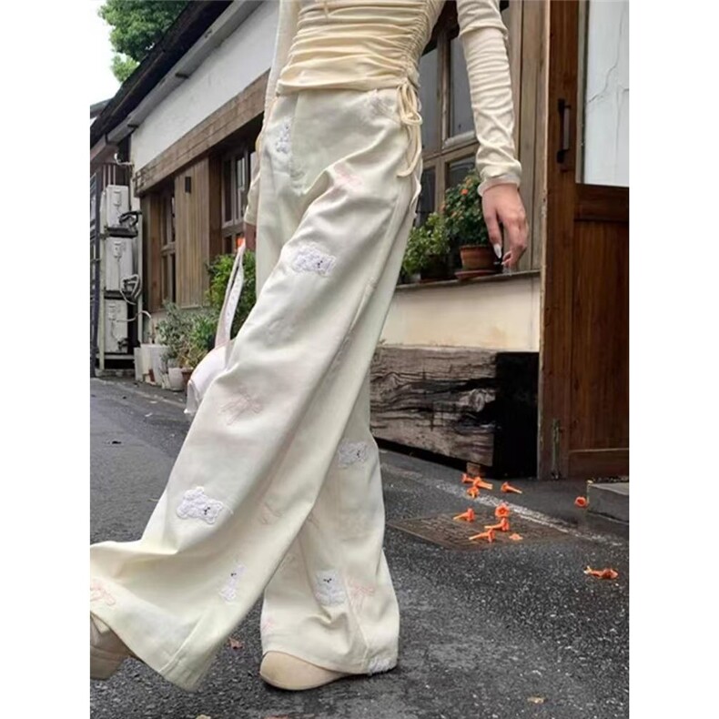 小个子日系可爱小熊蝴蝶结印花阔腿牛仔裤女春季休闲百搭宽松长裤,男装牛仔裤,星座1210-1