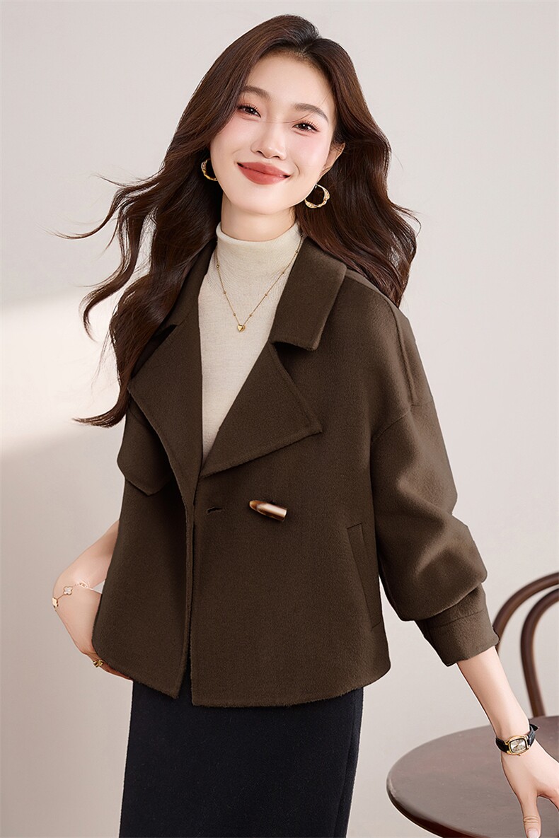 小香风粉色双面羊绒大衣女2025春秋新款短款超好看牛角扣毛呢外套,女装毛呢外套,英标秀（1C119）