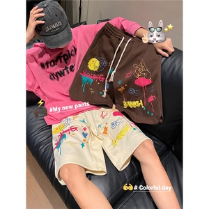 港风夏季新款彩绘发泡印花短裤宽松五分裤B315-K23325-p45控58图片