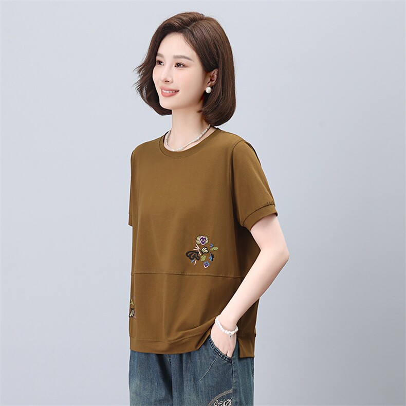 2025年夏季韩版休闲百搭刺绣圆领短袖T恤打底衫,女装T恤,简韵佳