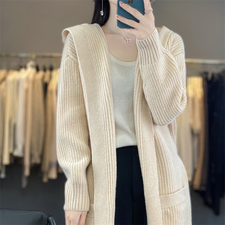 中长款加厚羊毛连帽开衫女纯色外套帽衫宽松慵懒羊绒衫毛衣，女装羊毛衫，隆格羊绒