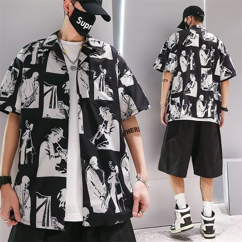 短袖花衬衫男士夏季薄款上衣中式花奔满印翻领寸衫印花,男装衬衫,星座1210-1
