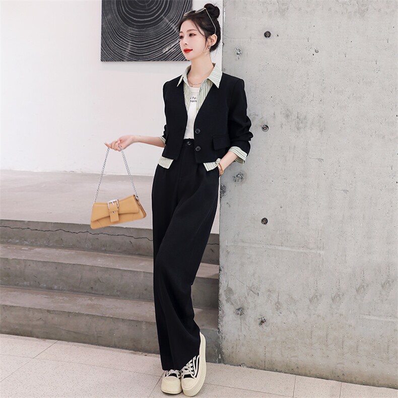 西装套装两件套女2023春季新款时尚韩版小洋气条纹拼接假两件西装,女装套装/套裙,辉之琳