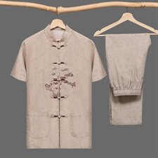 M-7XL夏季唐装套装中老年短袖薄款亚麻唐装男士大码套装001款，男装民族服装，星座802