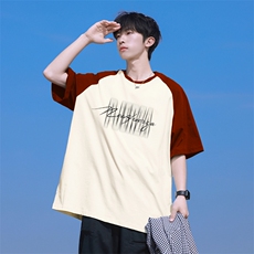 抖音得物高品质二开240克宽松纯棉美式潮牌插肩袖拼接短袖T恤，男装T恤，电商A486