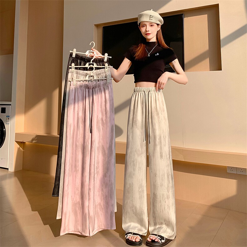 醋酸缎面冰丝扎染脏脏裤女夏季宽松直筒垂感拖地休闲阔腿裤子,女装休闲裤,梦白服饰厂