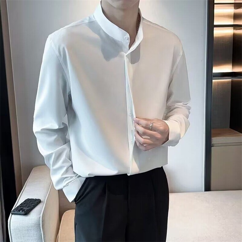 GS303P45新中式立领长袖白色衬衫纯色百搭日系垂感暗扣衬衣,男装衬衫,星座1108-5