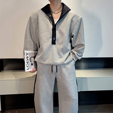 抖音春装撞色牛仔拼接连帽卫衣宽松弯刀裤套装男潮TZ279-P158，男装休闲套装，电商B267