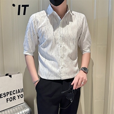 店主风社会小伙男褶皱款七分袖衬衫男潮流上衣301A-1/CS566/P55，男装衬衫，星座301A-1