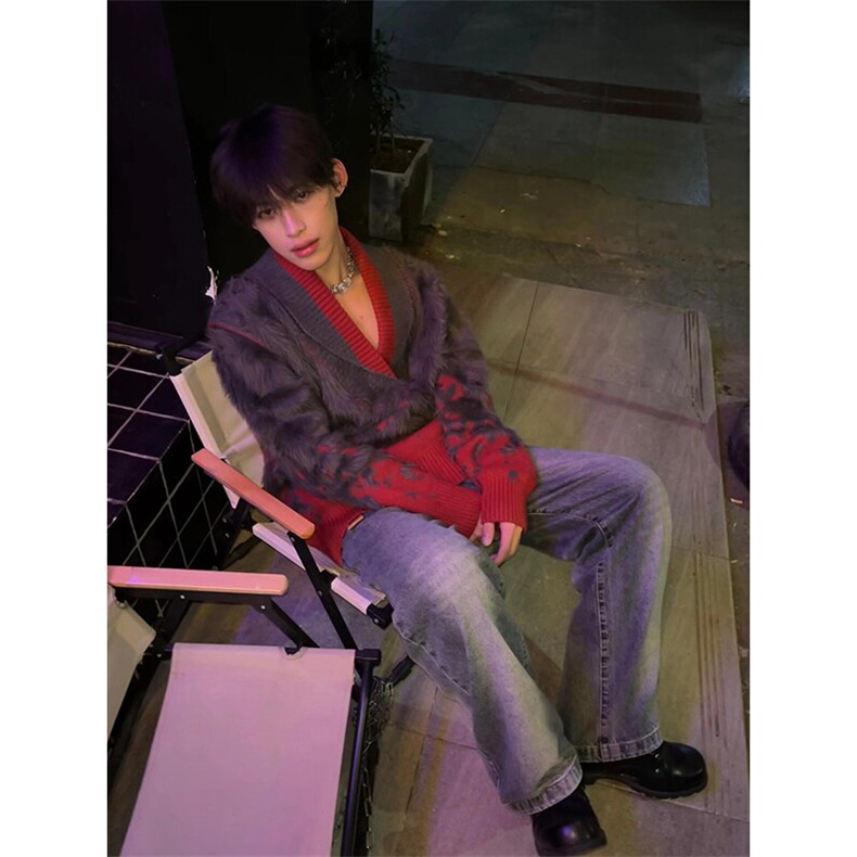 小众渐变V领仿貂毛提花针织衫高级感毛衫外套MY277特P65,男装针织衫/毛衣,星座908-1