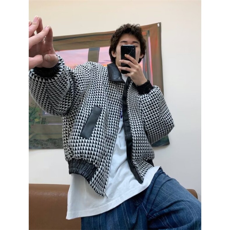 春秋季千鸟格外套男高街潮牌宽松休闲情侣装翻领夹克上衣,男装夹克,四季星座505